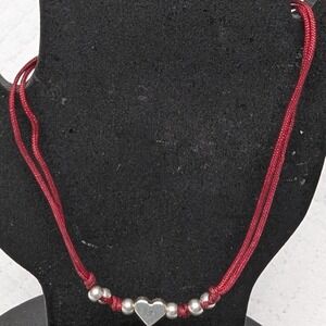Charming Silvertone Heart Bracelet Adjustable Maroon Delicate String Slide Stack